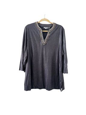 Chicos  Metallic Tunic Top With Embellished V-Neckline & 3/4 Sleeves  Size XL Bl